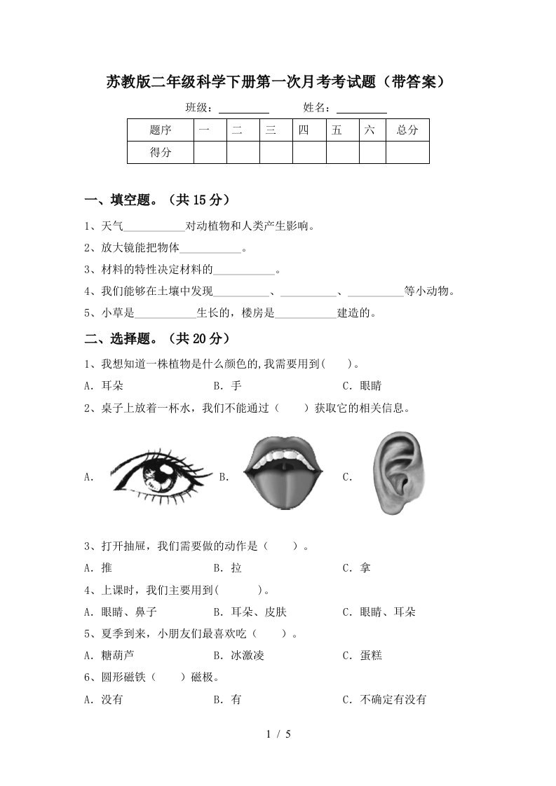 苏教版二年级科学下册第一次月考考试题带答案