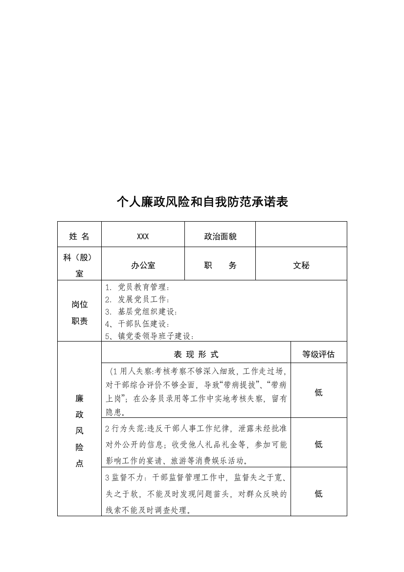 办公室文秘个人廉政风险和自我防范承诺表