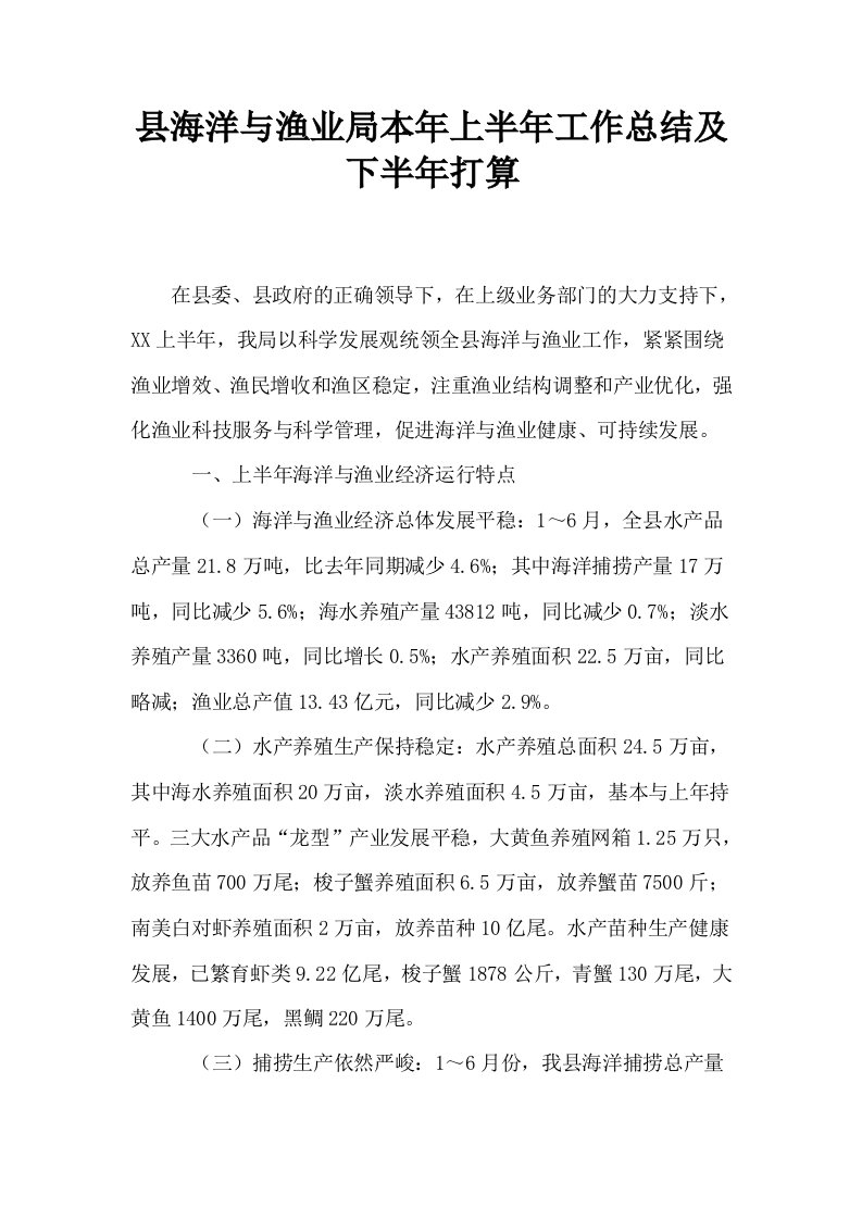 县海洋与渔业局本年上半年工作总结及下半年打算