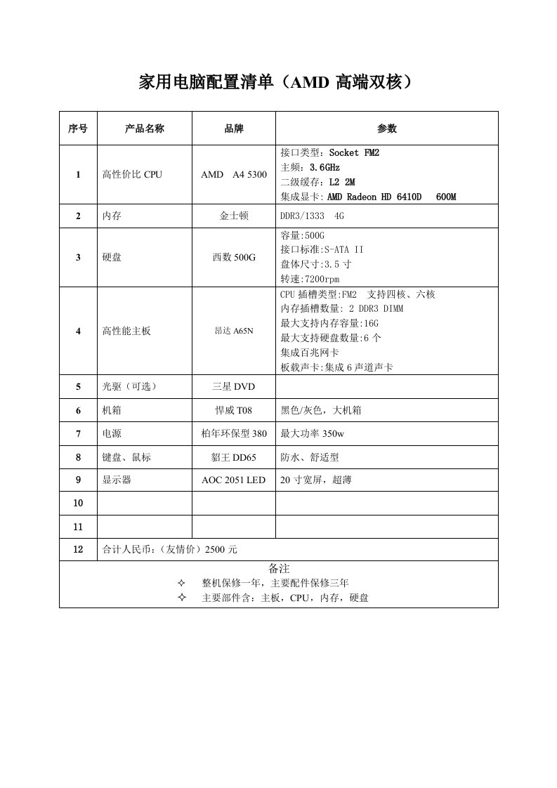 家用电脑配置清单