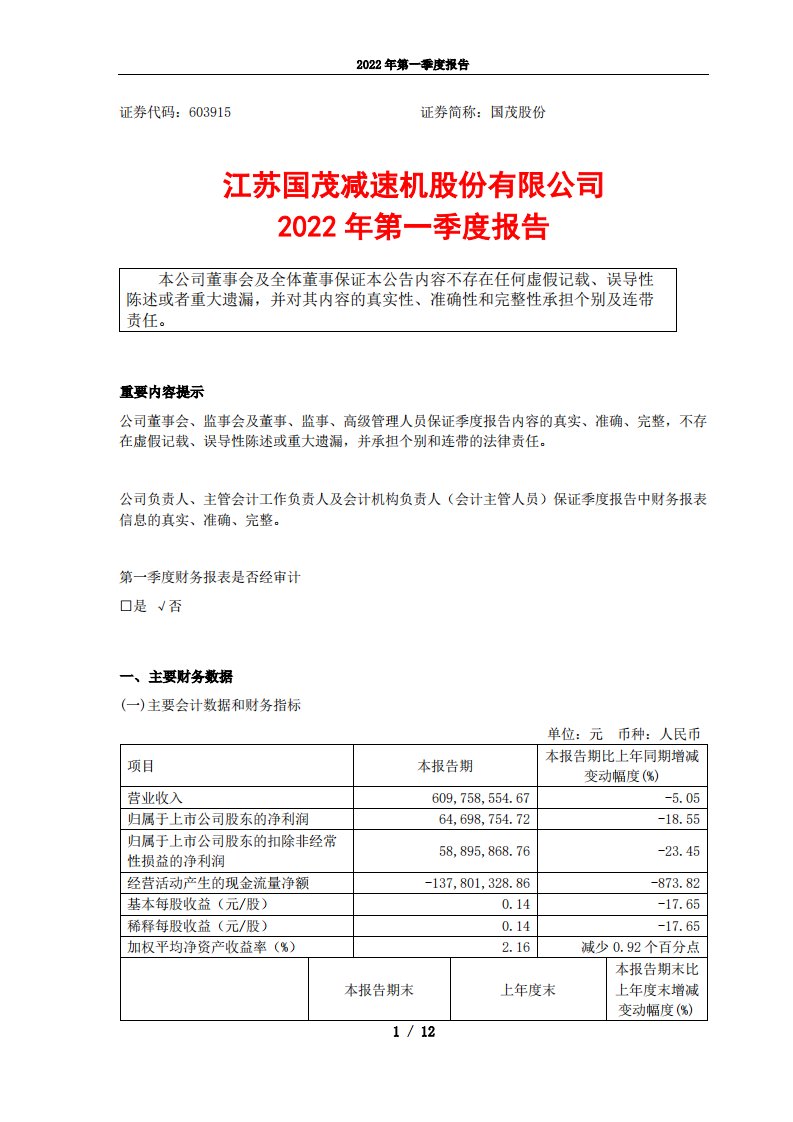 上交所-国茂股份2022年第一季度报告-20220427