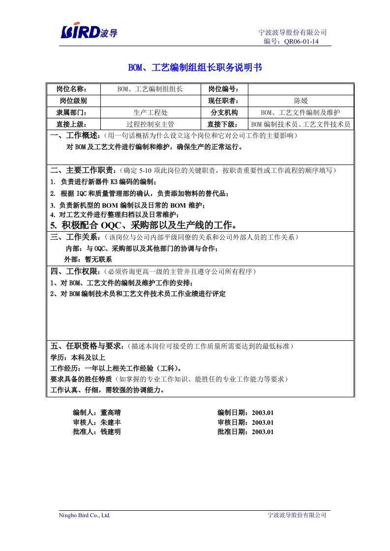 BOM、工艺编制组组长职务说明书