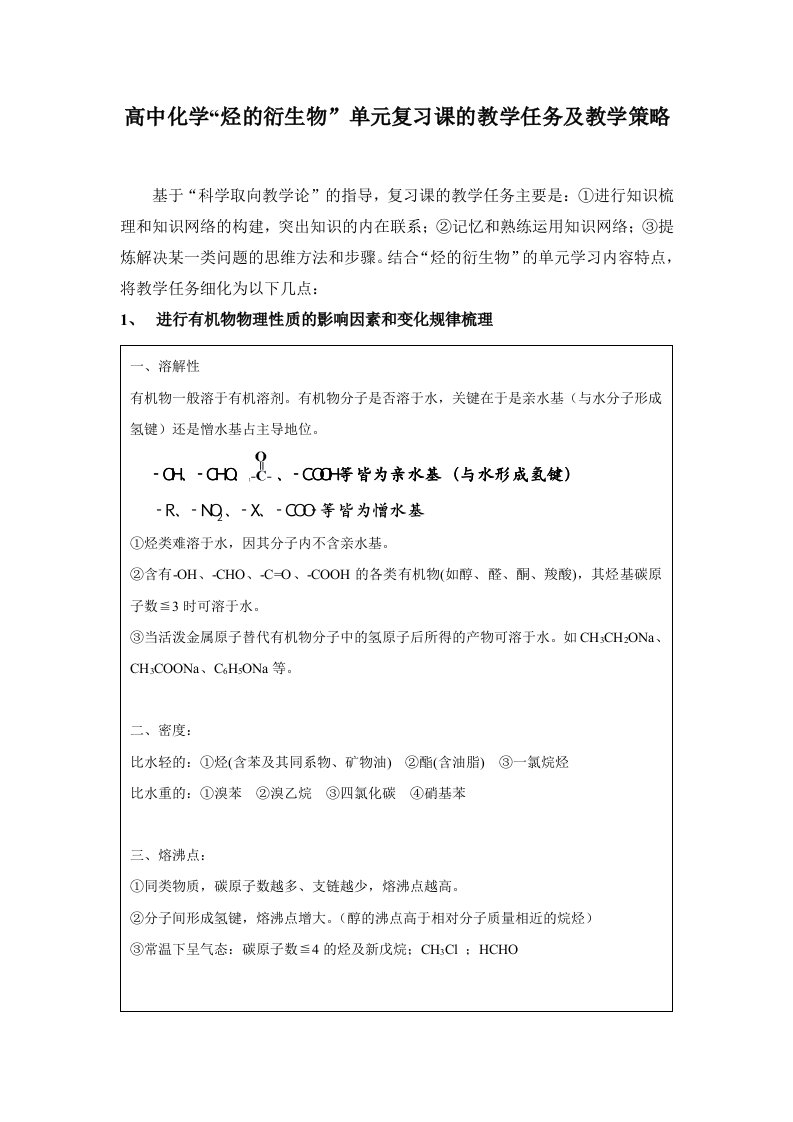 高中化学“烃的衍生物”单元复习课的教学任务及教学策略