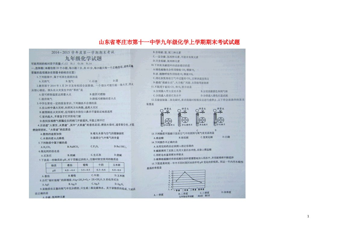 山东省枣庄市第十一中学九级化学上学期期末考试试题（扫描版）