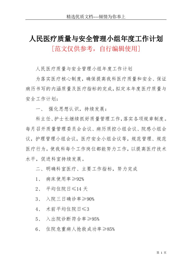 人民医疗质量与安全管理小组年度工作计划(共3页)