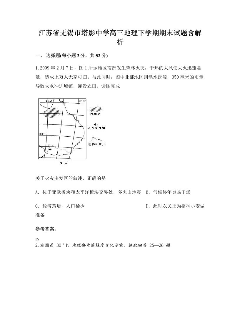 江苏省无锡市塔影中学高三地理下学期期末试题含解析