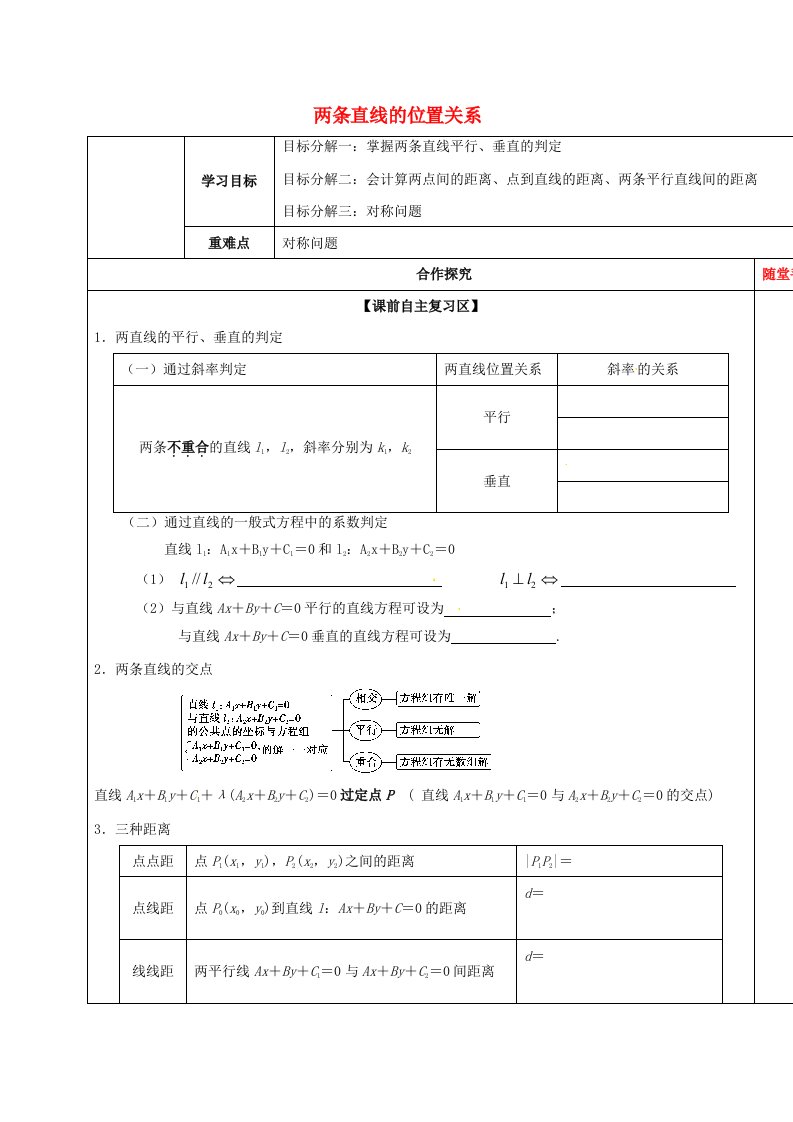 山东省胶州市2020届高考数学一轮复习专题两条直线的位置关系1学案无答案文通用