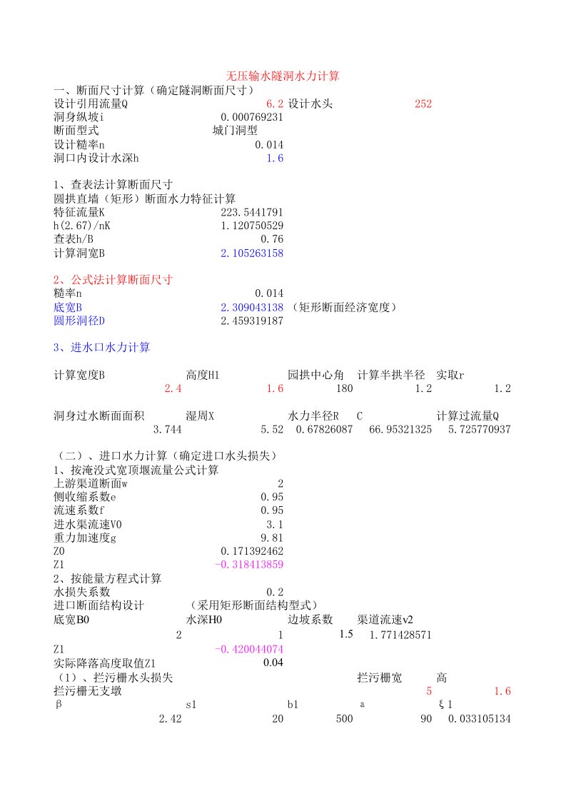 工程资料-无压输水隧洞水力计算