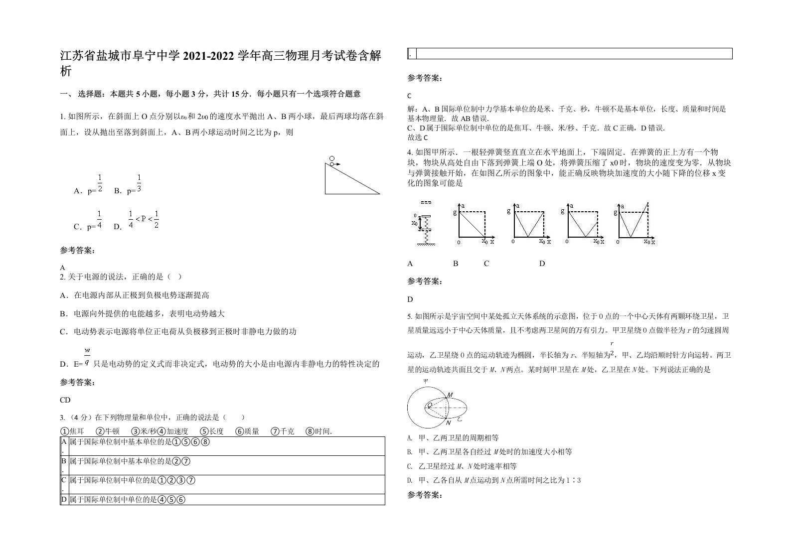 江苏省盐城市阜宁中学2021-2022学年高三物理月考试卷含解析