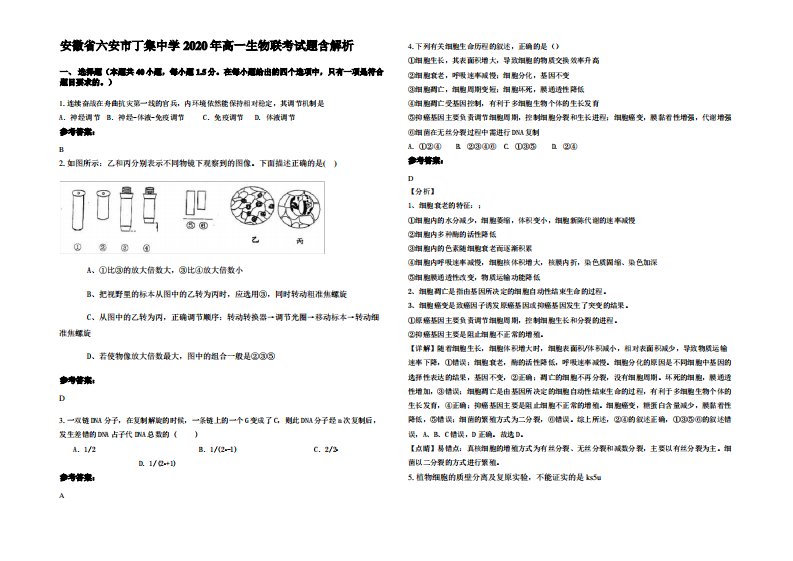 安徽省六安市丁集中学2020年高一生物联考试题含解析