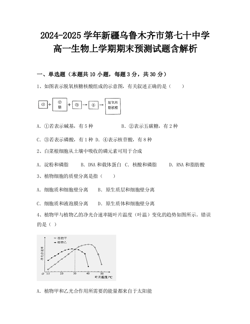 2024-2025学年新疆乌鲁木齐市第七十中学高一生物上学期期末预测试题含解析