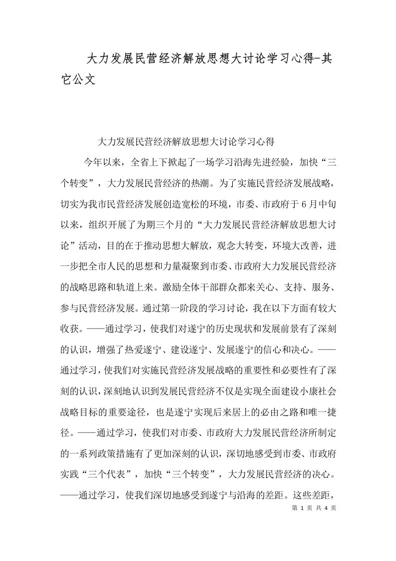 大力发展民营经济解放思想大讨论学习心得-其它公文（四）