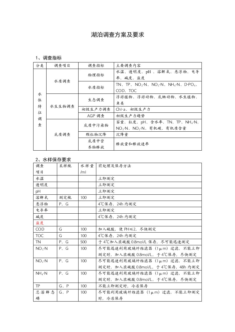 湖泊调查方案及要求