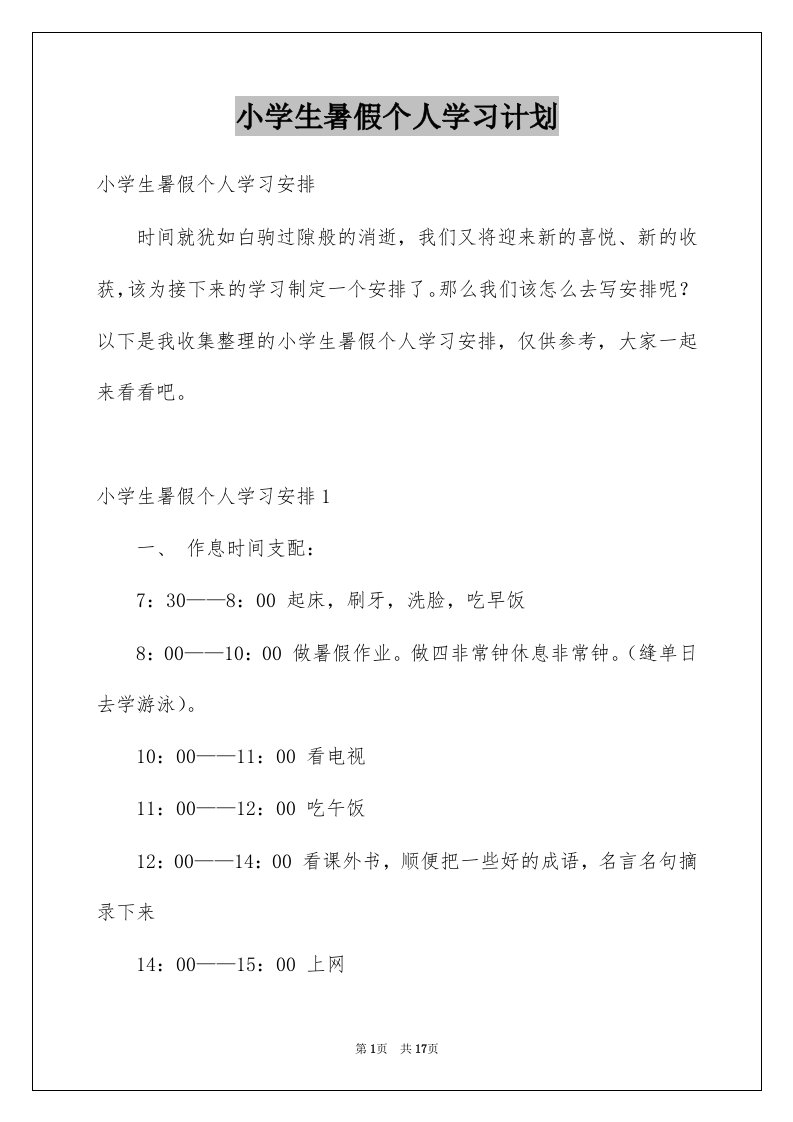 小学生暑假个人学习计划例文