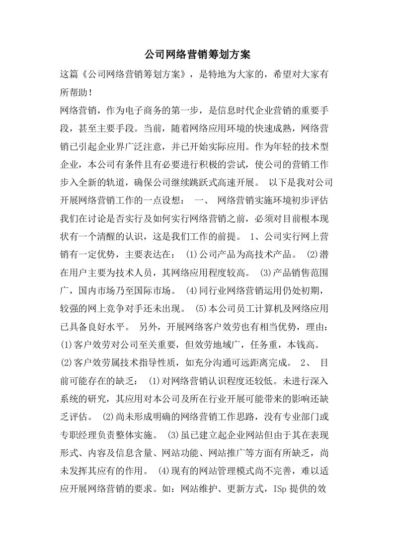 公司网络营销策划方案