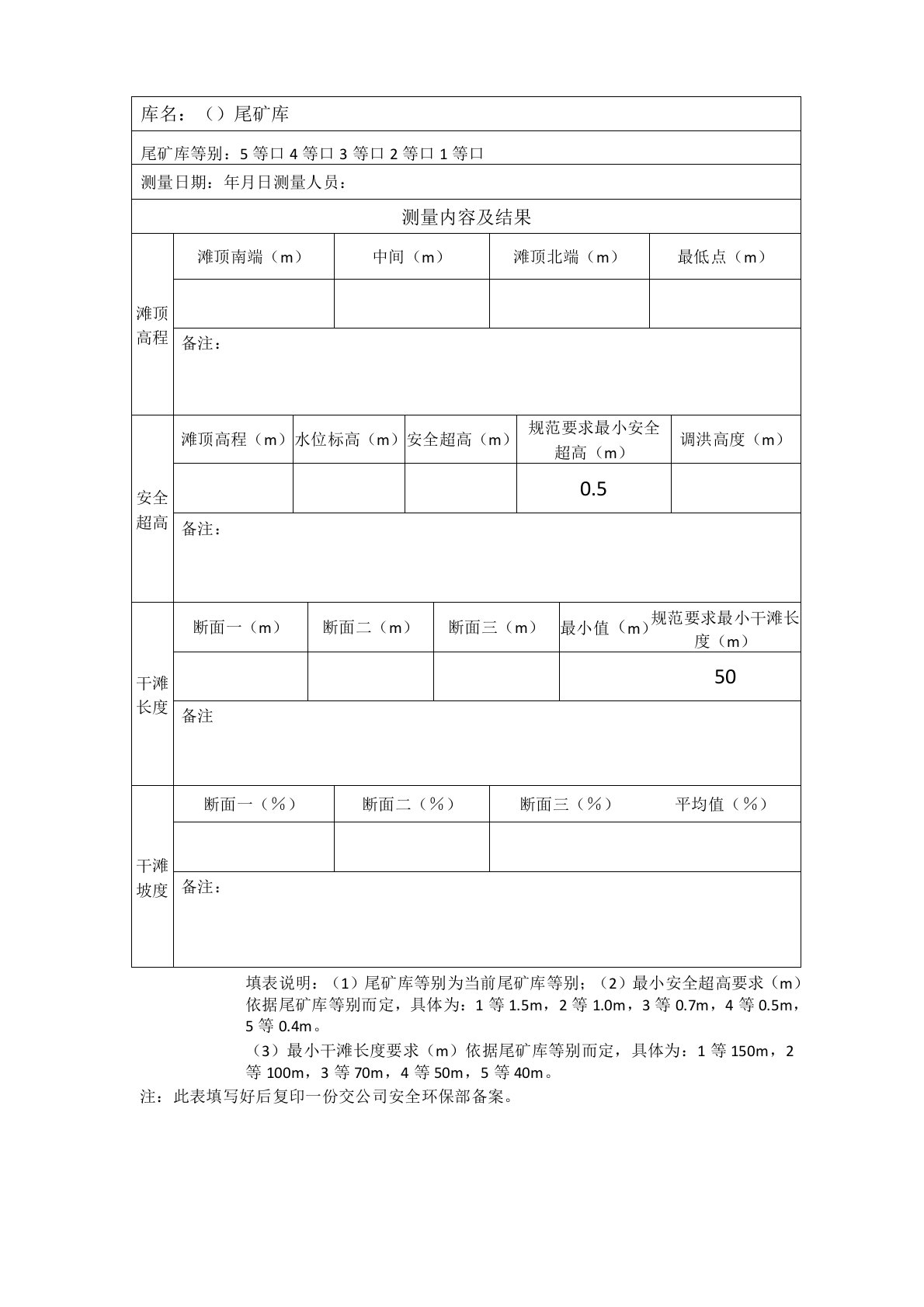 2、尾矿库滩顶高程、安全超高、干滩长度及坡度测量表