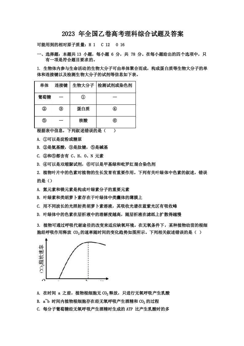 2023年全国乙卷高考理科综合试题及答案