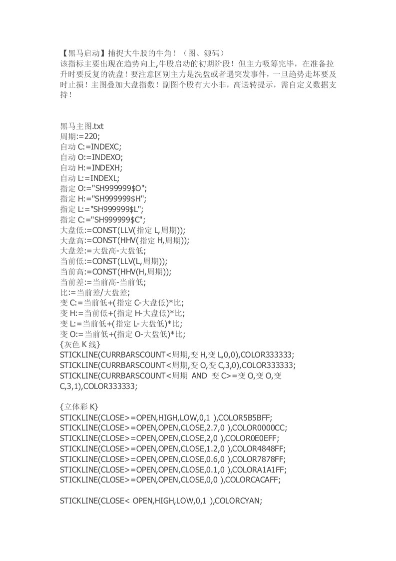 通达信指标公式源码【黑马启动】捕捉大牛股的牛角！（图、源码）