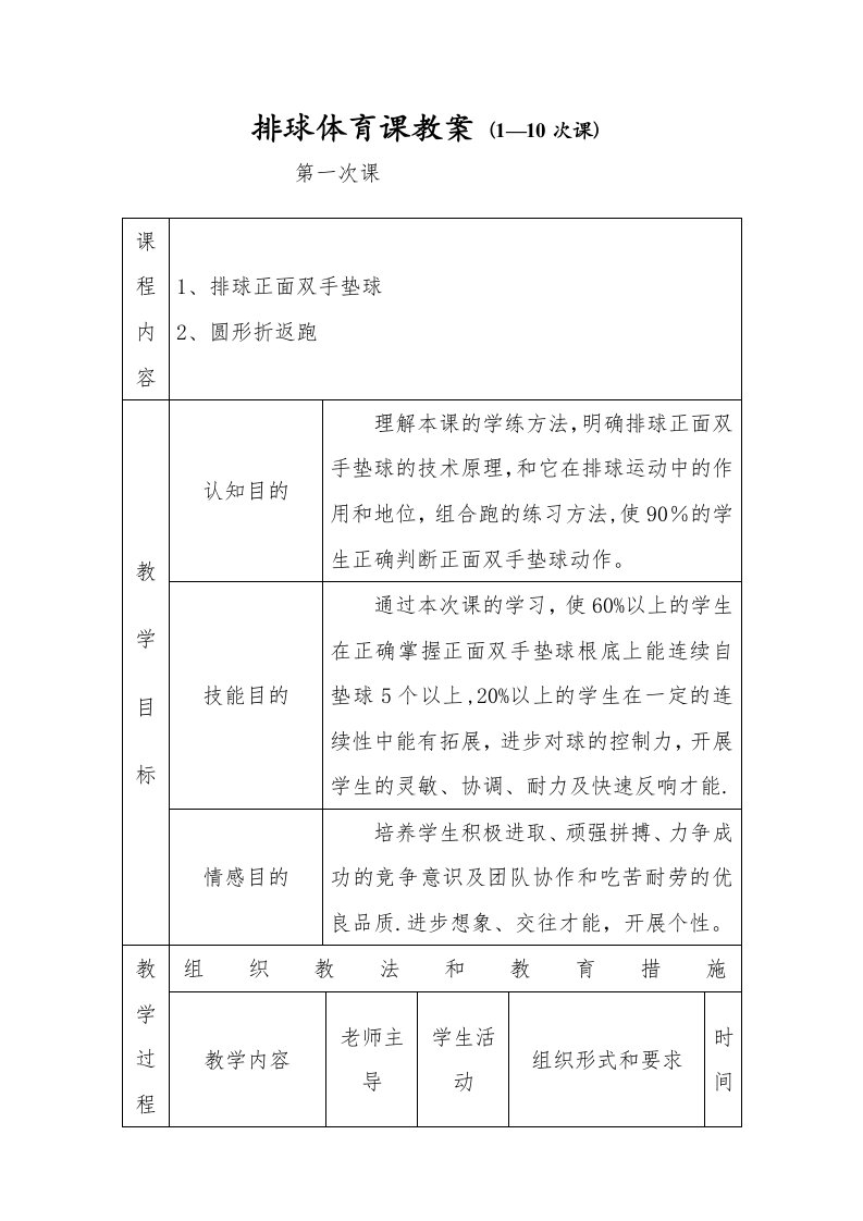 排球体育课教案（1--10）