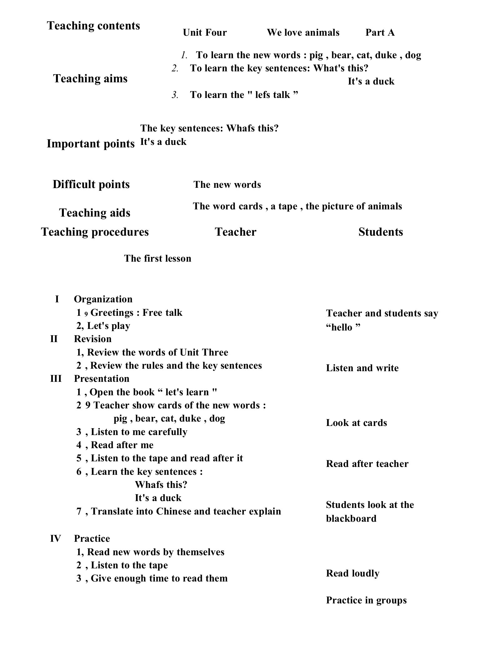 PEP三年级上册英语教案(全英)Unit4WeloveanimalsAlet'slearn