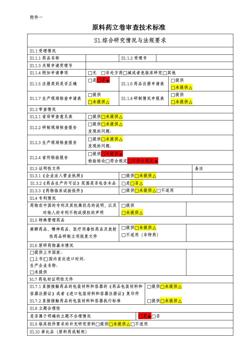 原料药立卷审查技术标准