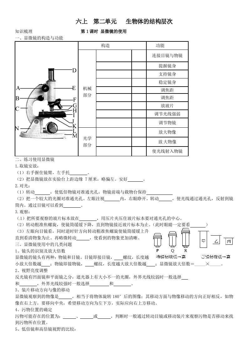 上2第二单元生物体的结构层次讲义