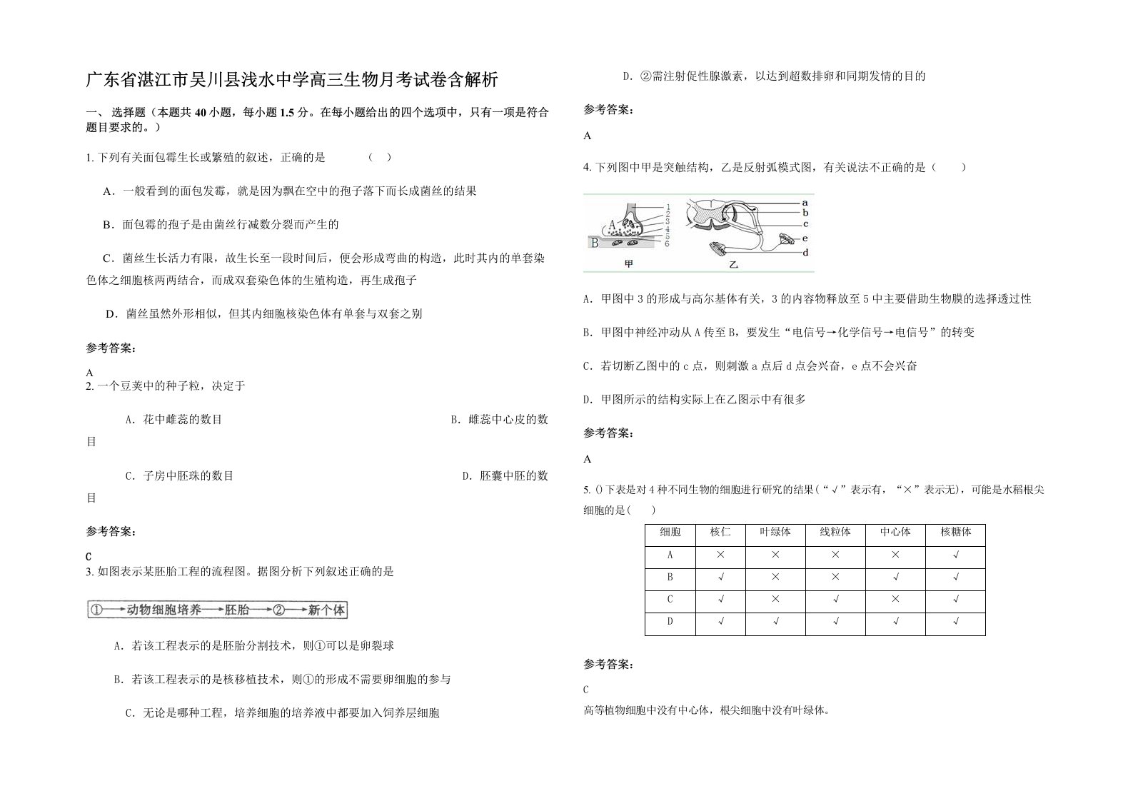 广东省湛江市吴川县浅水中学高三生物月考试卷含解析