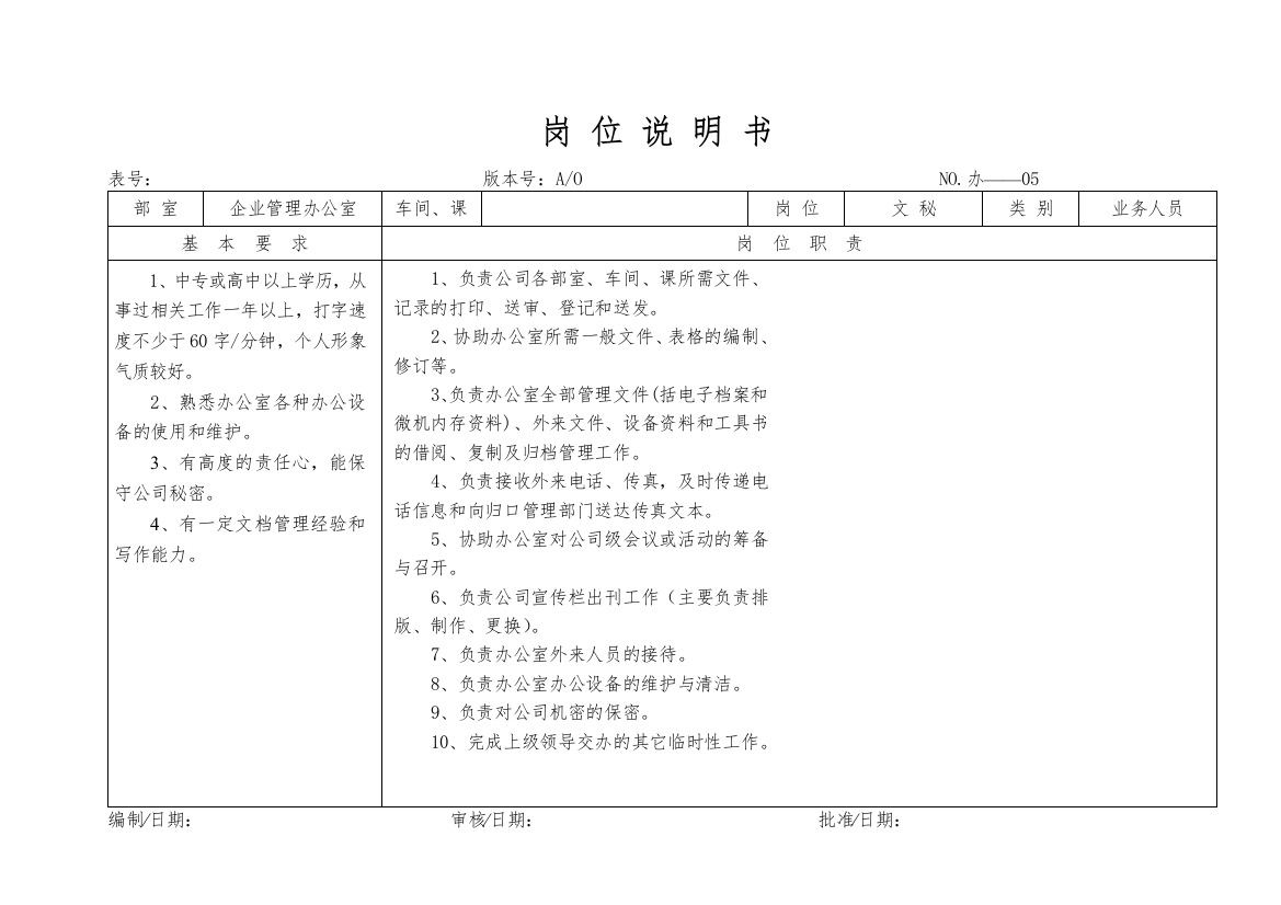 某大型摩配企业文秘岗位说明书