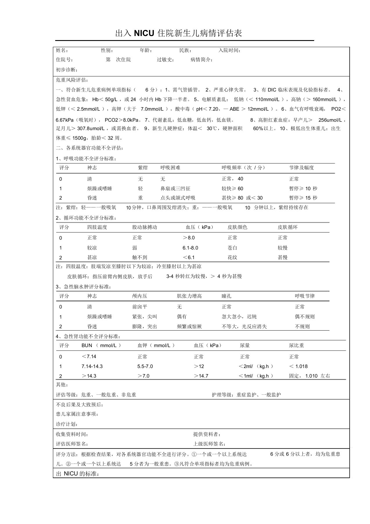 入NICU住院新生儿病情评估表与出NICU标准