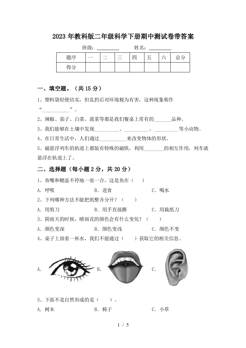 2023年教科版二年级科学下册期中测试卷带答案