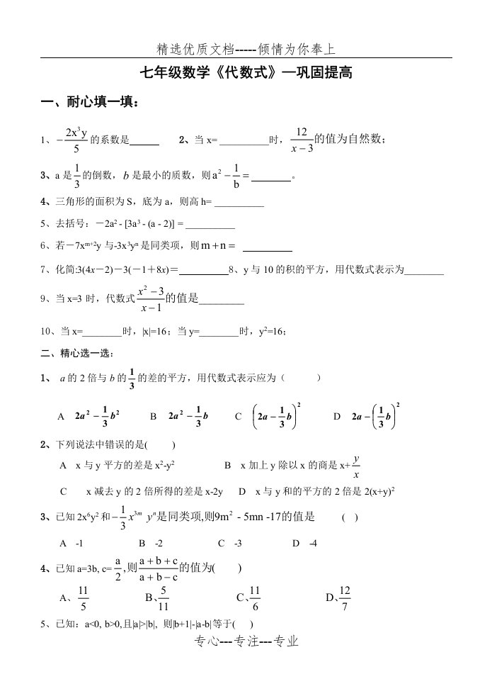 七年级数学《代数式》习题(共11页)