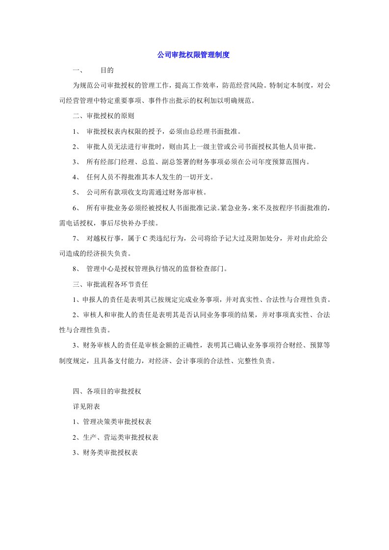 公司审批权限管理制度