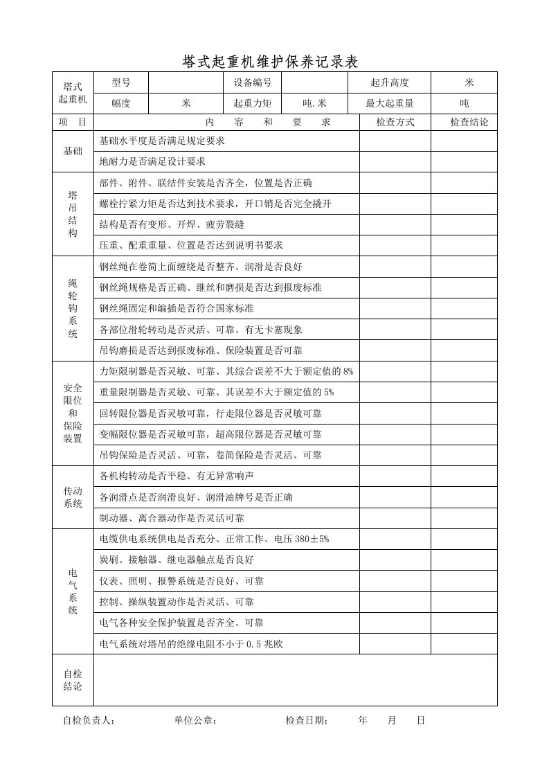 塔式起重机维护保养记录表