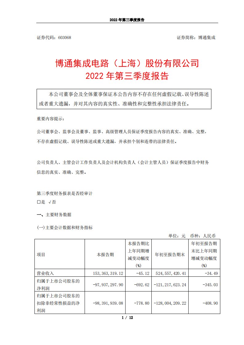 上交所-博通集成2022年第三季度报告-20221030