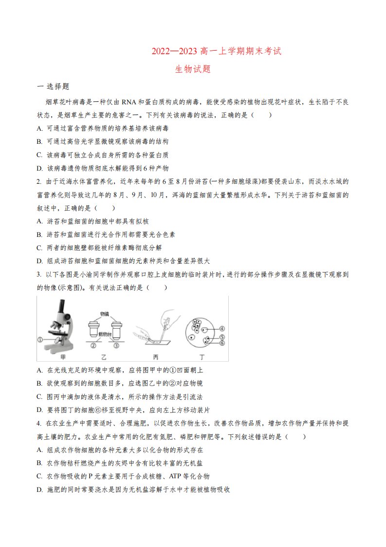 重庆市育才2022-2023高一生物上学期期末考试试题