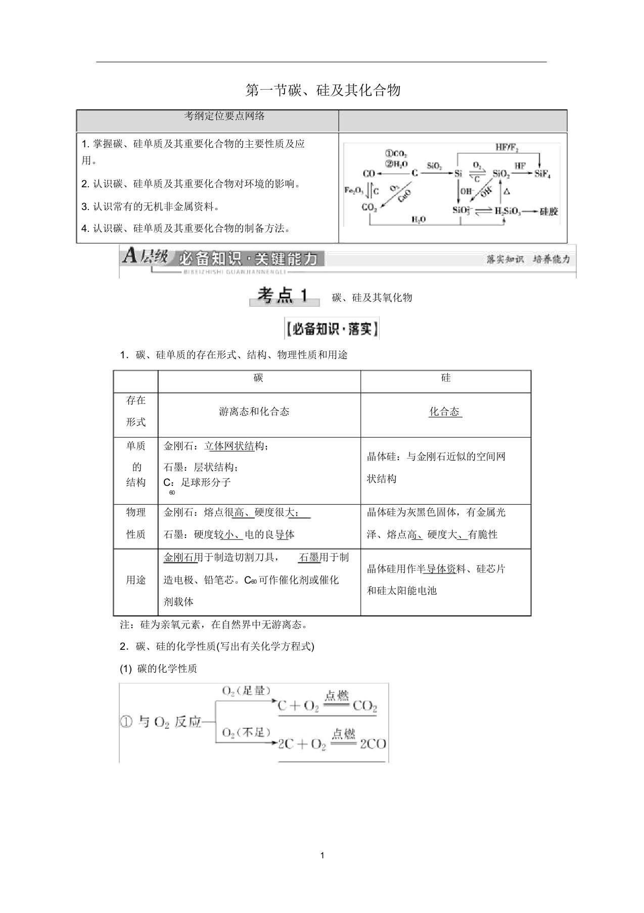 高考化学一轮复习第4章第1节碳、硅及其化合物教学案新人教版