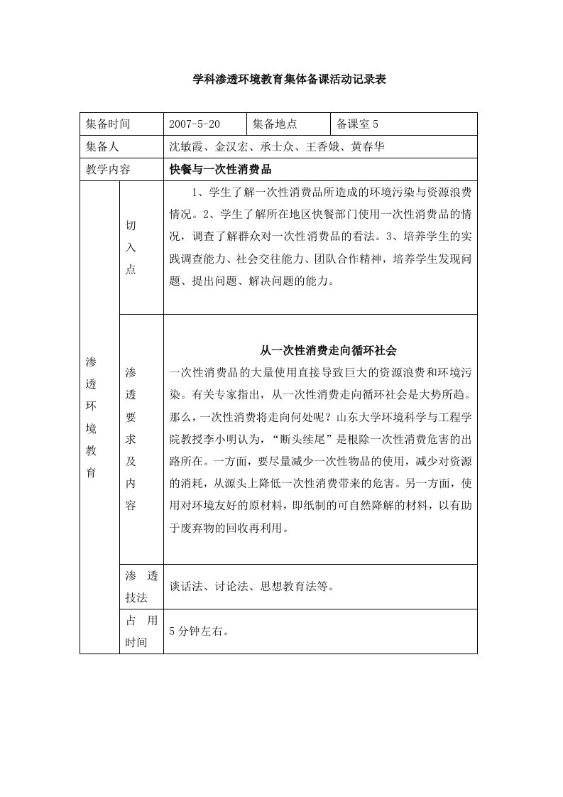 精选学科渗透环境教育集体备课活动记录表