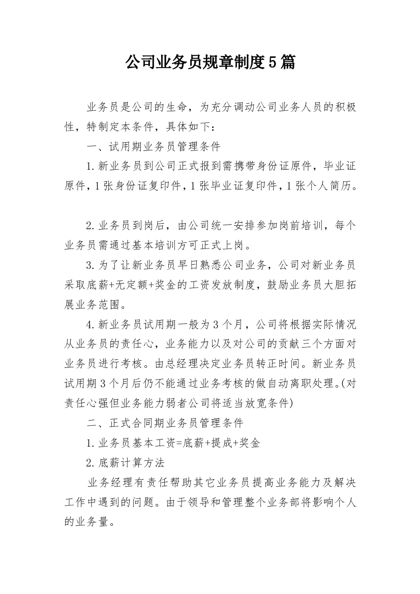 公司业务员规章制度5篇