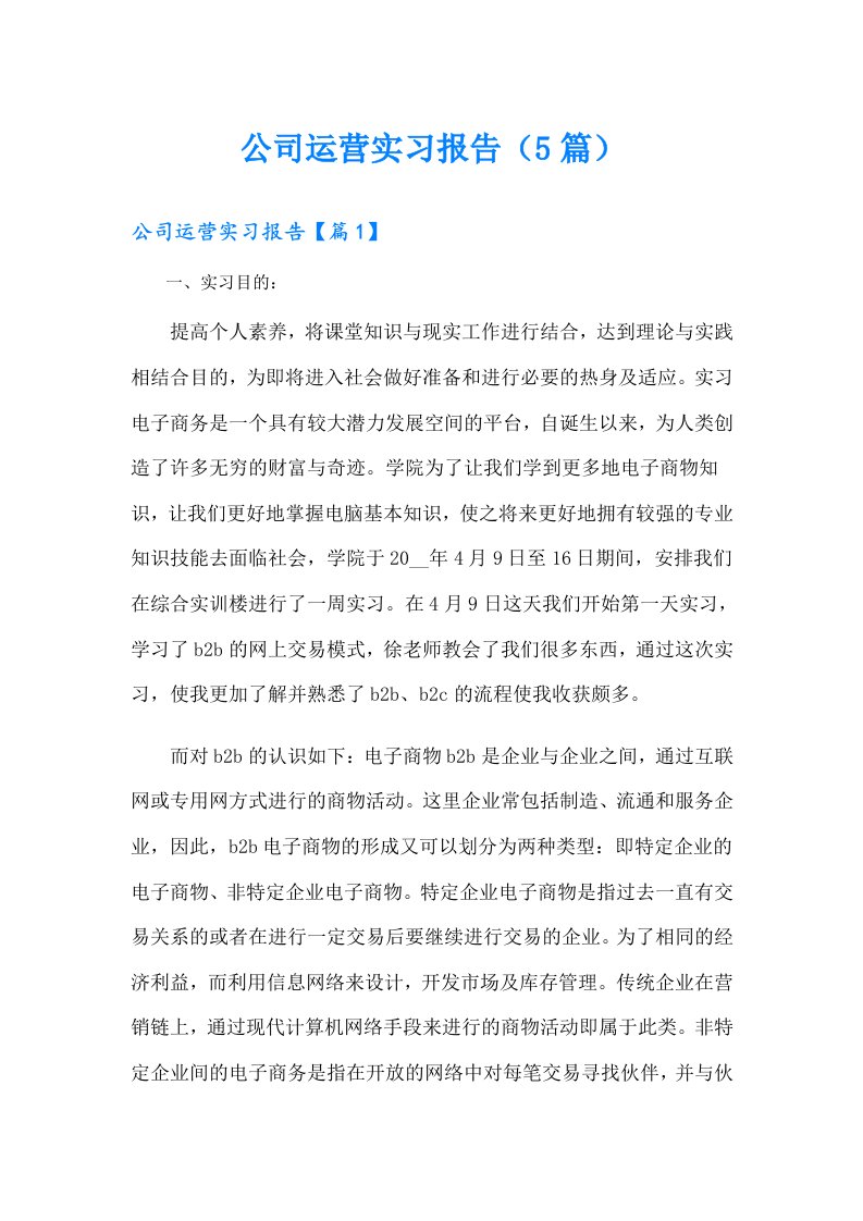 公司运营实习报告（5篇）