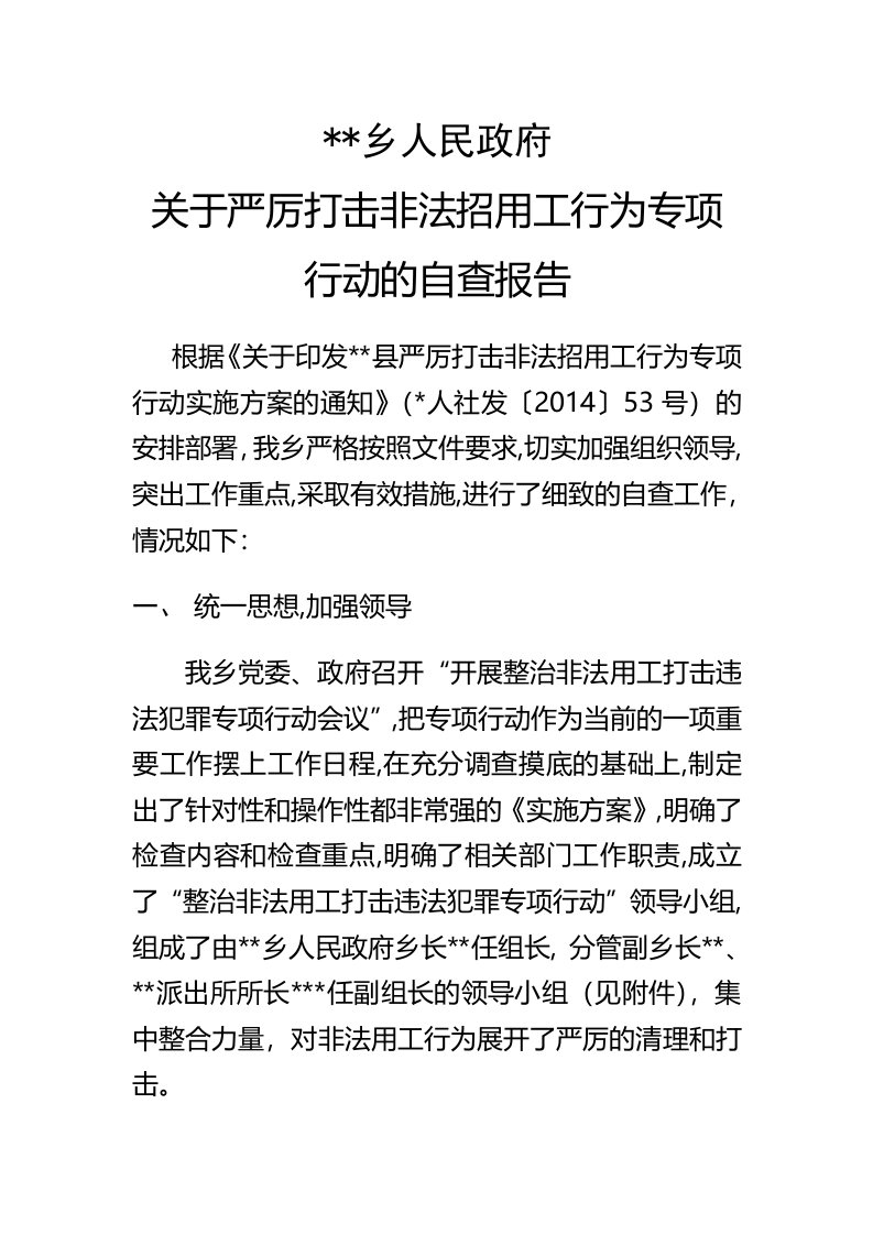 打击非法用工自查报告