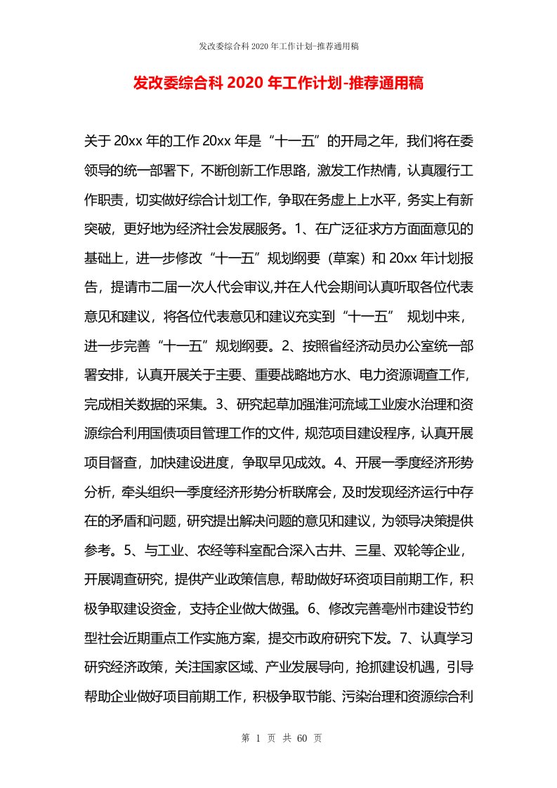 发改委综合科2020年工作计划