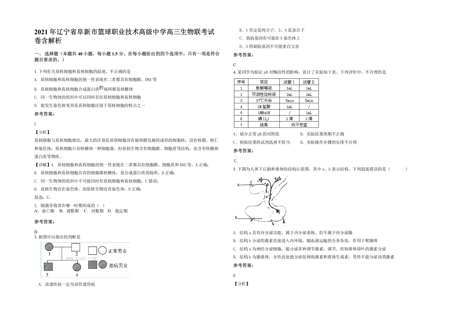 2021年辽宁省阜新市篮球职业技术高级中学高三生物联考试卷含解析