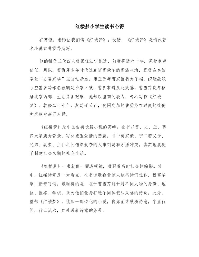 红楼梦小学生读书心得