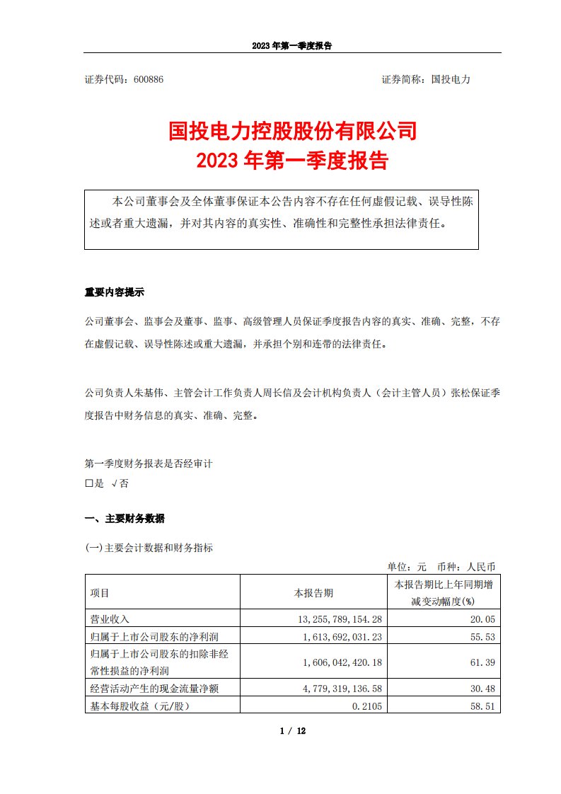 上交所-国投电力控股股份有限公司2023年第一季度报告-20230428