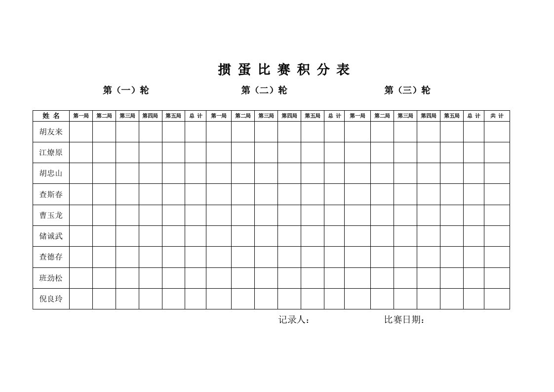 掼蛋比赛积分表