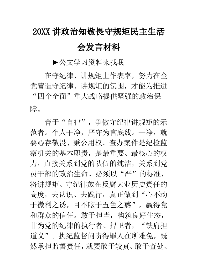 20XX讲政治知敬畏守规矩民主生活会发言材料