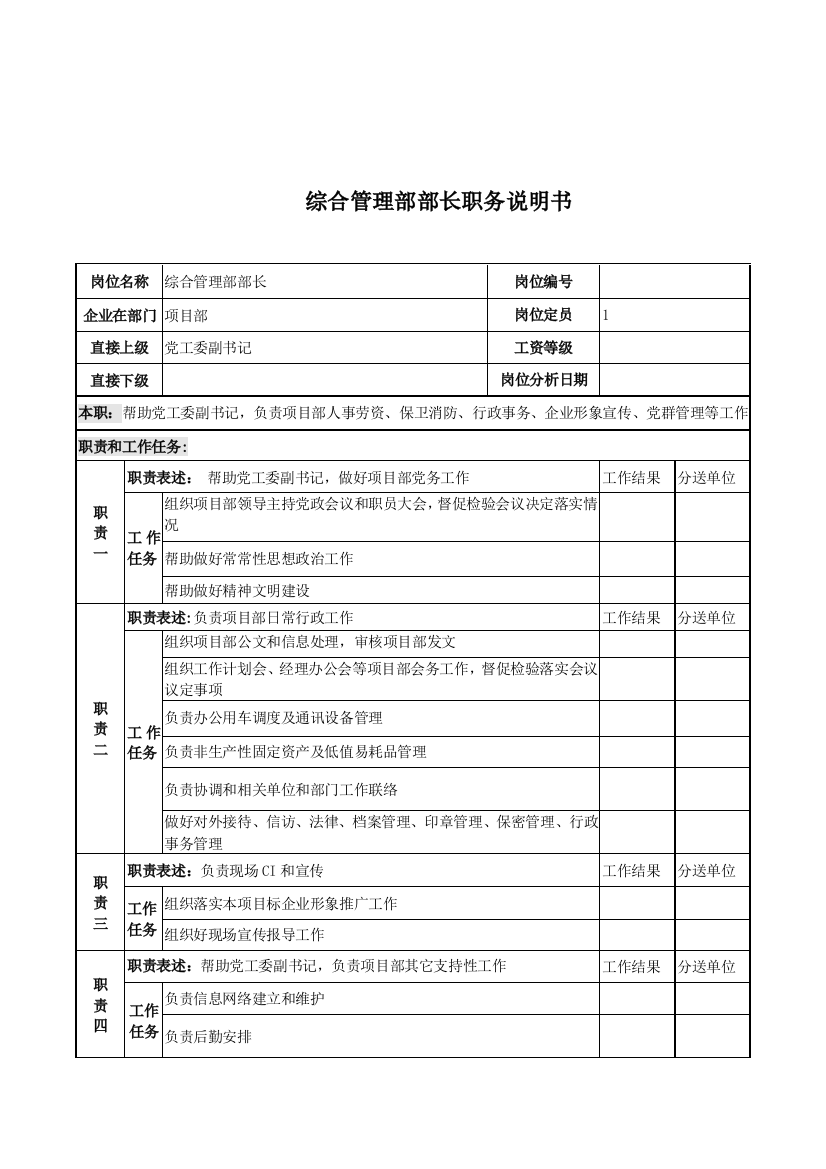 综合管理部部长的职务说明书样本