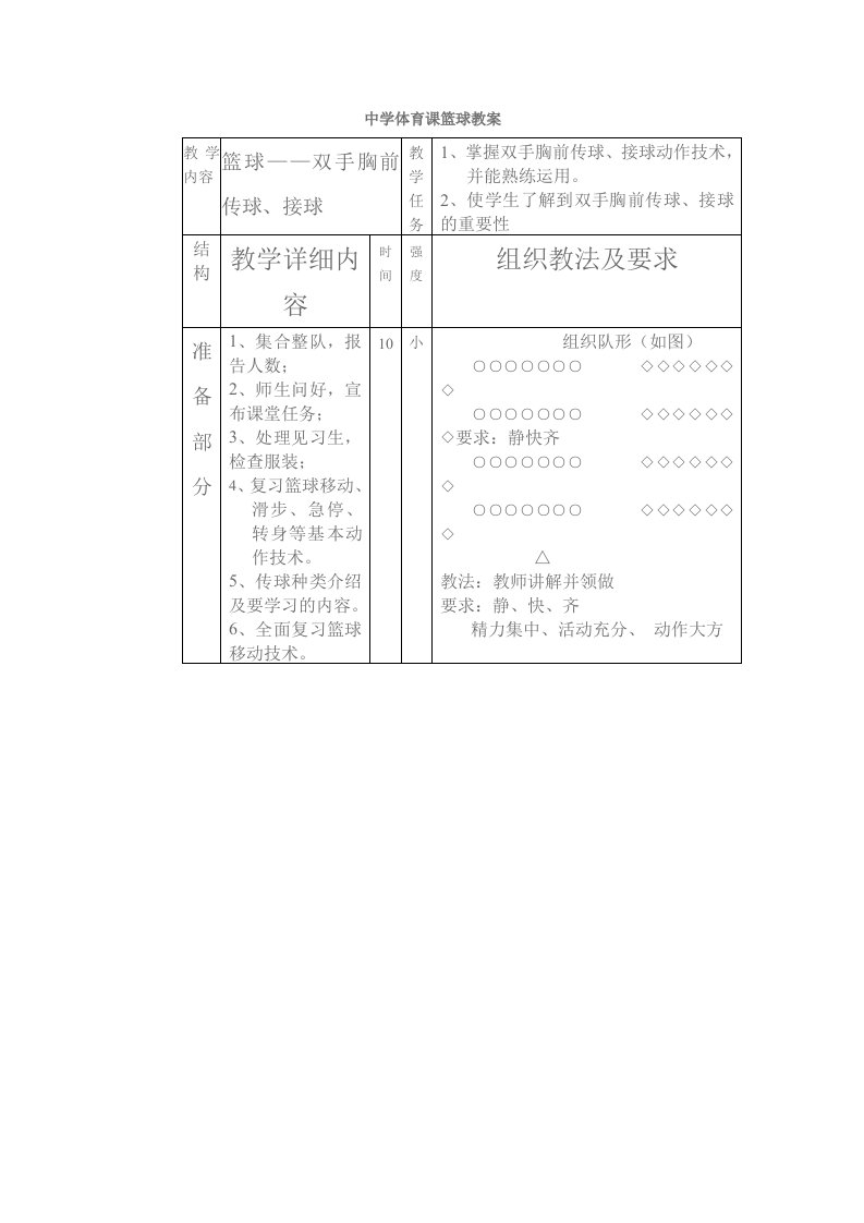 中学体育课篮球教案