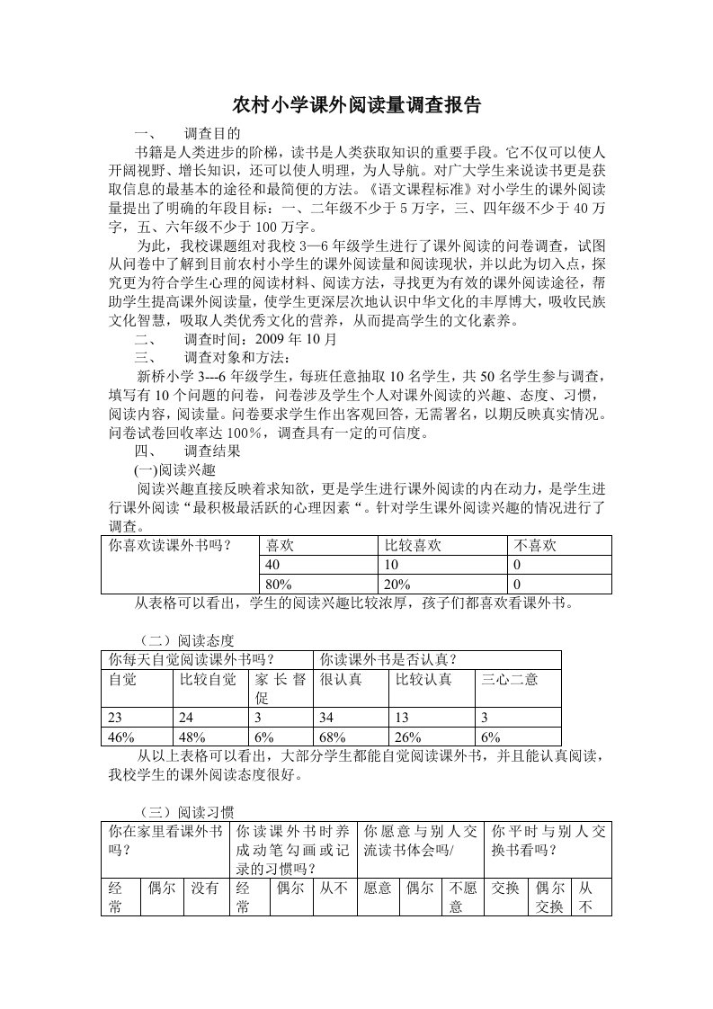 农村小学课外阅读量调查报告