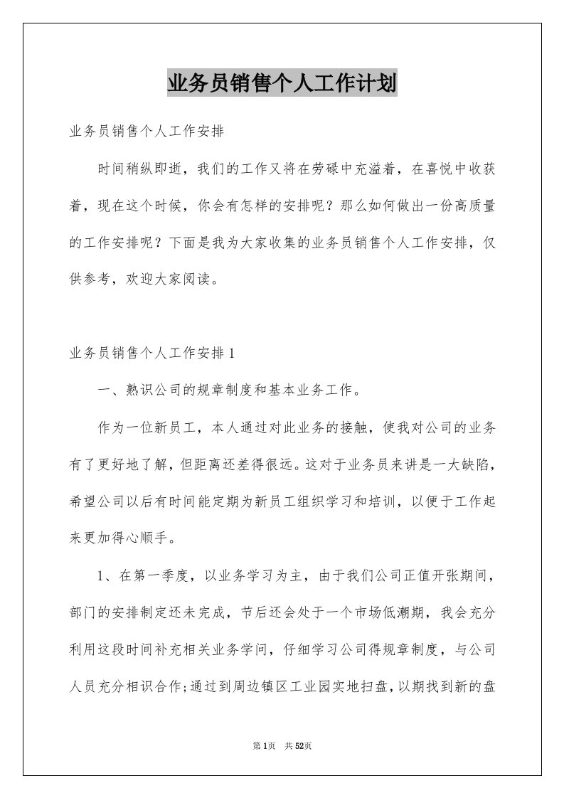 业务员销售个人工作计划例文